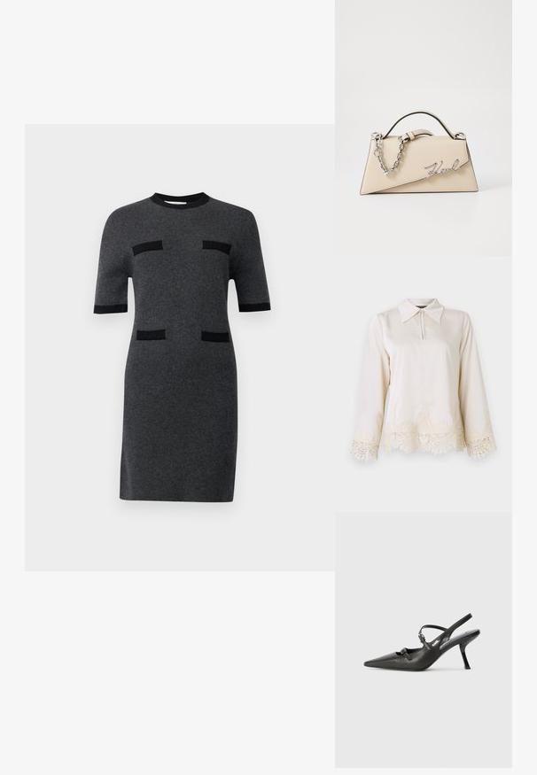 Rövid ujjú ruha sötétszürke kötött anyagból. Fekete részletekkel és két fekete vízszintes, zseb-szerű díszítéssel a fronthoz közel. Egyenes sziluett.; Tej blouse, galléros nyakkal, elöl cipzárral és hosszú ujjaival, bonyolult csipke díszítéssel az alján és az ujjak végén.; Fekete bőrszíjjal ellátott magassarkú cipő, hegyes orral, karcsú sarkával és díszes csattal a vamp részén. Simás textúra és elegáns dizájn.; Beige bőrtáska, struktúrált, háromszögletű formával, ezüst lánc fogantyúval és fém, írott logóval.