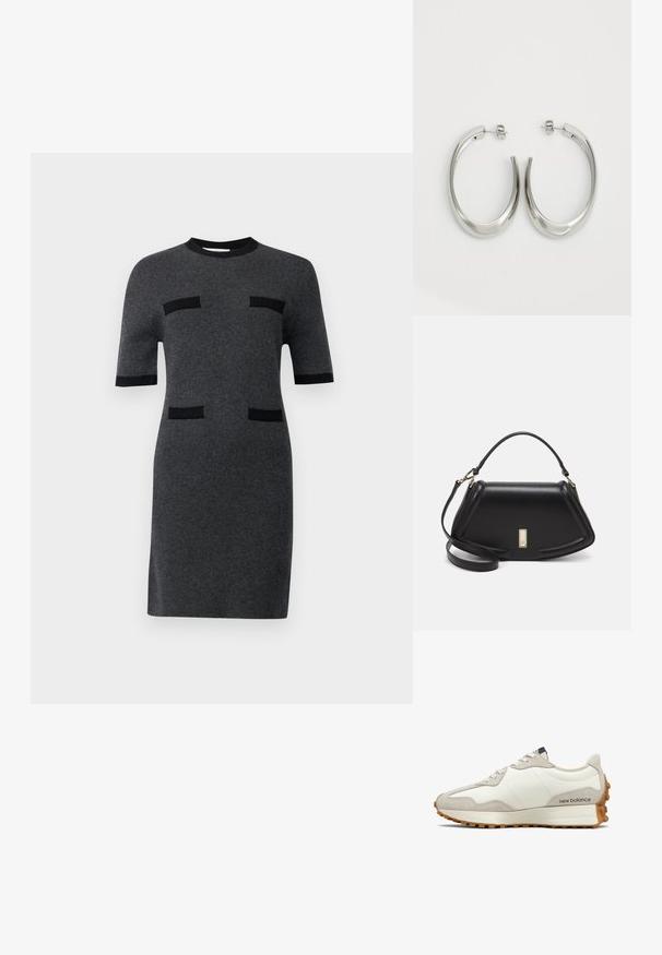 Robe à manches courtes en tissu tricoté gris foncé. Présente des accents noirs et deux détails surpoches noirs horizontaux à l'avant. Silhouette droite.; Baskets blanches et beiges avec un empeigne en cuir lisse, des accents en daim, un bout arrondi et une semelle en caoutchouc texturé. Nom de la marque imprimé sur le côté.; Sac à main en cuir noir avec un design structuré, featuring une forme cropped, une poignée supérieure et des accents en matériel doré. Bandoulière réglable incluse.; Boucles d'oreilles en argent avec un design lisse et courbé. Présentent une finition métallique brillante et une fermeture à clou. Pas de motifs ou d'accents visibles.
