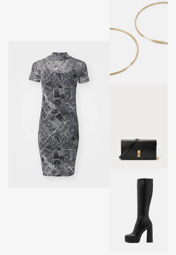 Robe ajustée grise avec des manches courtes, un col haut, et un design imprimé comportant divers motifs et textes dans des teintes contrastées.; Bottes noires montantes en cuir lisse avec une finition texturée, dotées d'un talon bloc haut et d'un design à bout rond.; Boucles d'oreilles en forme de créole dorées, fines et rondes, avec une finition métallique lisse et sans embellissements ni motifs.; Portefeuille en cuir noir avec un rabat, matériel en or, mettant en avant un accent de logo. Inclut une sangle détachable pour le transport.