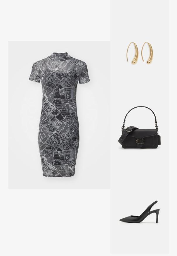 Harmaa istuva mekko lyhyillä hihoilla, korkealla kauluksella ja printtisuunnittelulla, jossa on erilaisia kuvioita ja tekstiä vastakkaisissa sävyissä.; Musta nahkainen slingback-korkokengät, joissa on terävä kärki, etuosassa leikkaus ja ohut stiletto-korko.; Musta nahkainen olkalaukku, jossa on teksturoitu pinta, säädettävä hihna ja hopeiset varusteet. Edessä on läppä, jossa on solkilukitus.; Korvakorut kultasävytteistä metallista, joissa on kaareva, pitkänomainen muoto. Ominaisuuksiin kuuluu sileä, kiiltävä pinta ja pyöreä kärki lisäyksinä.