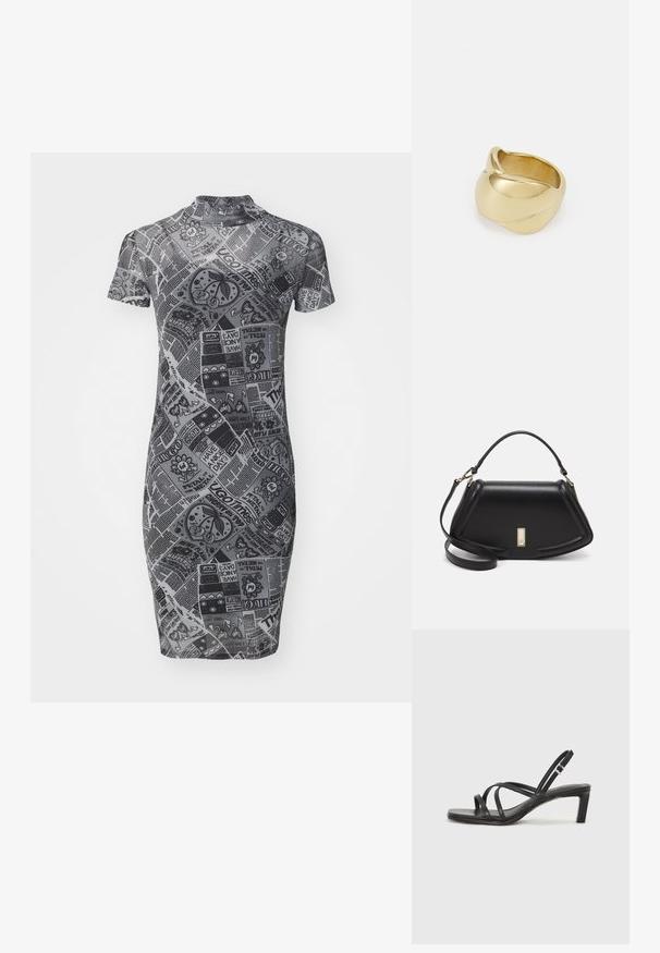 Grey fitted dress with short sleeves, high neck, and a printed design featuring various motifs and text in contrasting shades.; Black strappy sandal with a square toe and a low block heel. Features multiple thin straps and an adjustable ankle strap. Made of smooth leather.; Black leather handbag with a structured design, featuring a cropped shape, top handle, and gold hardware accent. Adjustable shoulder strap included.; Gold-colored ring with a smooth, twisted design. Features a polished surface and rounded edges, creating a seamless, fluid shape.