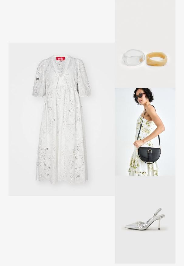 Valge, põlveni ulatuv kleit puhvadega varrukatega, aukudega broderie, V-kaelus ja ees paeltega detail. Laineäärisega aktsendid.; Hõbedased slingback kõrged kontsad terava ninaga, metalne viimistlus, kaks dekoratiivset rihma ja sihvakad kontsad musta otsaga.; Mustmust mustraha kõverate joontega, eemaldatava rihmaga ja kuldsete detailidega. Kotil on klapp, millel on pandladetail.; Selge ja merevaigu pringi, üks sile ja läbipaistev, teine tekstuurse, merevaigu viimistlusega. Mõlemad omavad ümarat, tugevat disaini.