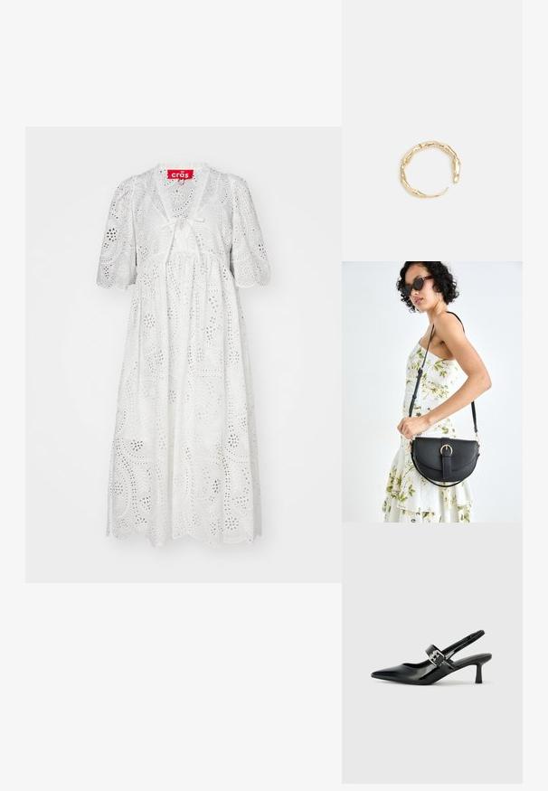 Bela obleka do kolen z napihnjenimi rokavi, vezenjem z luknjicami, V-izrezom in detajlom povštrice spredaj. Rob z valovitim robom.; Črne patent usnjene slingback pete s koničastim nosom in majhnim blok peto, ki vključujejo srebrno zaponko na traku.; Črna usnjena torbica s ukrivljeno obliko, z odstranljivo naramnico in zlatimi dodatki. Torbica ima pokrov s podrobnostmi v obliki zaponke.; Zlati prstan s organskim, zvitim dizajnom, gladko površino in taperiranimi konci, ki ustvarja modernega, skulpturalnega videza.