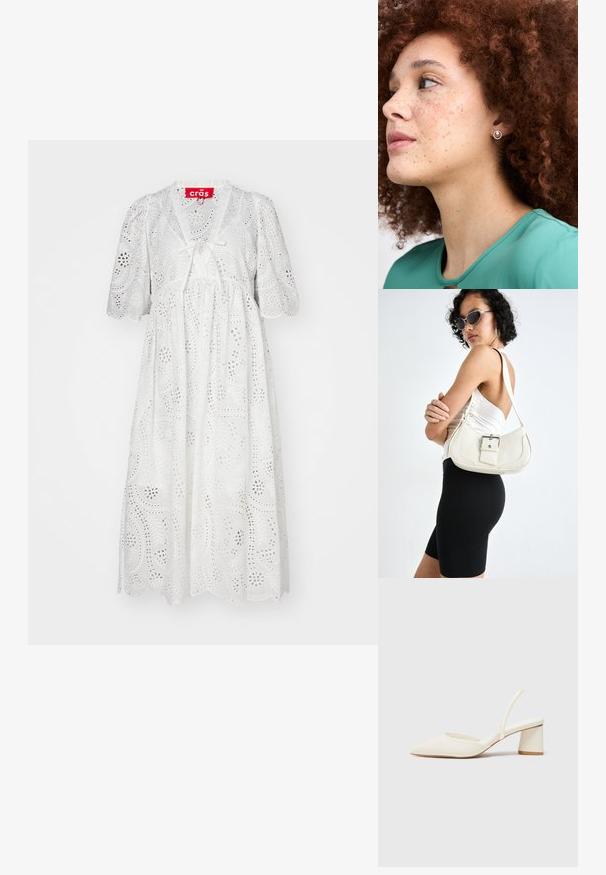 Witte jurk tot de knie met poffende mouwen, broderie anglaise, V-hals en een strikdetail aan de voorkant. Scalloped zoomaccenten.; Witte slingback hak schoen met een puntige neus, gladde textuur en een blokhak. Beschikt over een dunne band aan de achterkant voor een veilige pasvorm.; Witte leren handtas met een gebogen vorm, verstelbare schouderriem en een klein gesp detail. Model draagt een strakke zwarte outfit.; Zilveren studoorbel met een circulair ontwerp en een gestructureerde rand, gedragen door een persoon met krullend kastanjebruin haar, gekleed in een groene top.