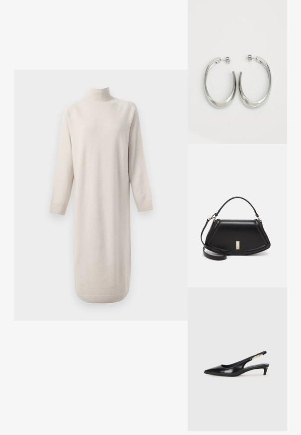 Crème-kleurige lange trui jurk met een geribde hoge hals, lange mouwen en geribde manchetten en zoom tegen een witte achtergrond.; Zwarte leren slingback hakken met een spitse neus, voorzien van een slanke hak en een goudkleurige accent op de verstelbare band. Gladde textuur.; Zwarte leren handtas met een gestructureerd ontwerp, featuring een verkorte vorm, bovenhandvat en gouden hardwareaccent. Inclusief verstelbare schouderband.; Zilveren oorringen met een gladde, gebogen vorm. Voorzien van een glanzende metallic afwerking en studsluiting. Geen zichtbare patronen of accenten.