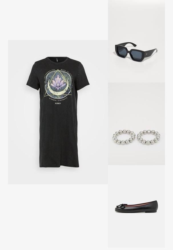 Must must dress, mis vaba lõikega, millel on esiküljel graafika lilla lootose õitest ja geomeetrilistest kujunditest. Lühikesed varrukad.; Mustadest nahast balleti kingad ümmarguse varbaga, kaunistatud dekoratiivse lipsuga ja siledast tekstuurist. Minimalistlik disain madala, lame tallaga.; Mustad ümmargused prillid, millel on geomeetriline disain, ristküliku kuju läätsed ja läikiv viimistlus. Ees pole nähtavat brändingut.; Kaks metallist hõbedast rõngasriiet, mis on valmistatud poleeritud sfääridest ja omavad sujuvat disaini. Igal rõngal on ühtlane ringikujuline vorm ja sile tekstuur.