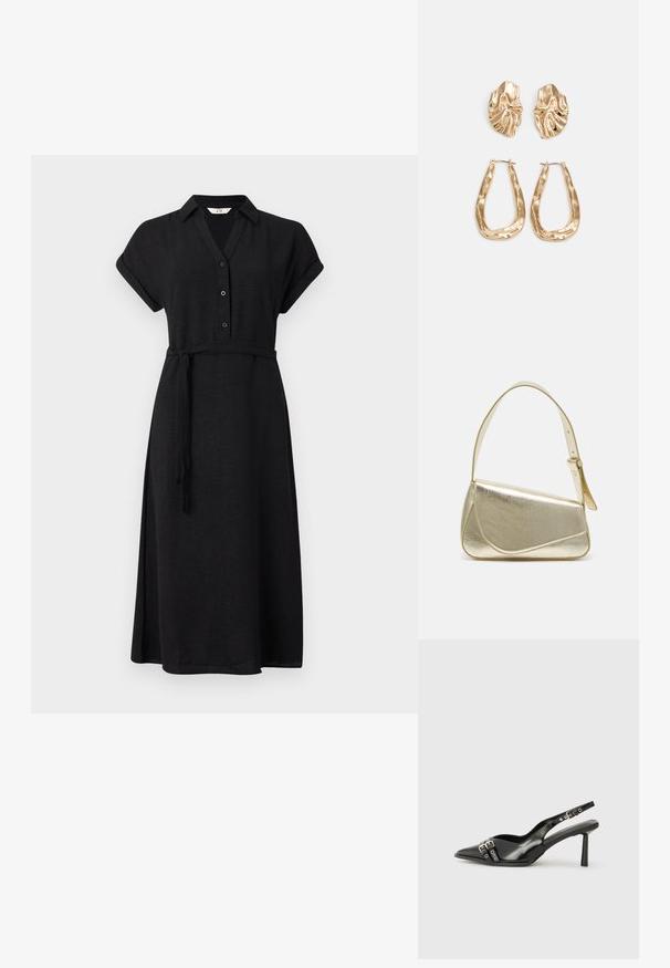 Must värvitud kleit krae ja lühikeste rullitud varrukatega, millel on vöökoht, millel on sobiv vöö, ja voolav seelik.; Must musta nahk kingad sanga ja terava ninaga, ankle strapidega, millel on hõbedased pandlad ja riistvara ning õhuke konts.; Kuldmetallist käekott, millel on struktureeritud disain, sile tekstuur ja reguleeritav rihm. Omab ainulaadset kolmnurkset kuju ja minimalistlikku õmblust.; Kuldse värvi kõrvarõngad, mis on kaunistatud tekstuursete ja laineliste kujunditega. Komplektis on skulpturaalsed klamber kõrvarõngad ja avatud rõngasdisain, millel on lõhestatud viimistlus.