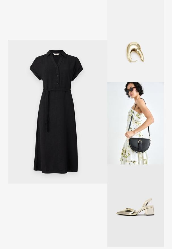 Svart klänning med knappställd design, krage och korta uppvikt ärmar. Klänningen har en snäv midja med ett matchande bälte och en flödande kjol.; Guld, metalliska slingback-klackar med spetsig tå och chunky klack. Slät textur, minimalistisk design och en smal rem.; Svart läderhandväska med en böjd form, avtagbar rem och guldiga detaljer. Väskan har ett lock med en spänndetalj.; Örhänge i guldtonad metall med en elegant, böjd design. Har en distinkt spetsig form, polerad yta och gångjärnslås.