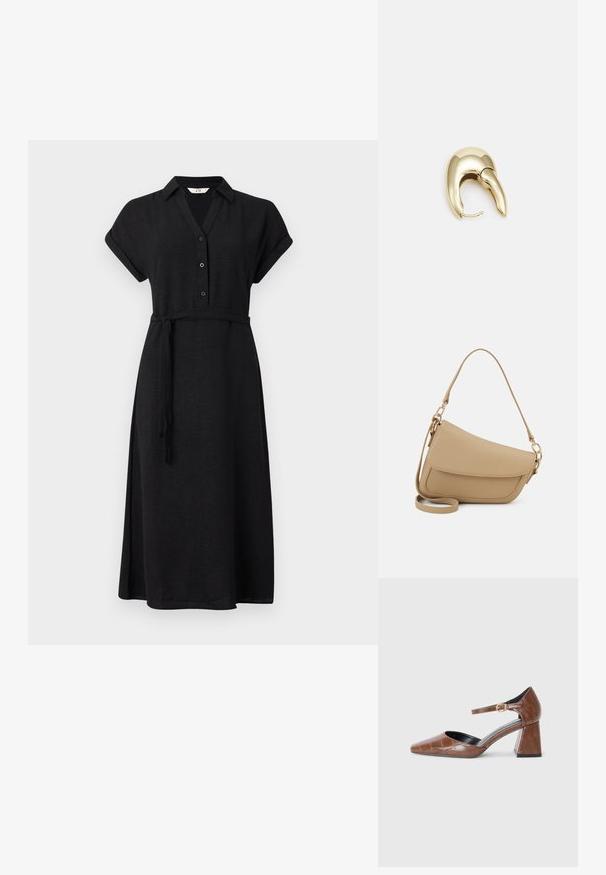 Melna pogu krekla kleita ar apkakli un īsām sarullētām piedurknēm, ar pieguļošu jostu un plūstošu svārku.; Brūni lakoti ādas apavi ar kvadrātu formas purngalu, ar teksturētu krokodila rakstu, ar potītes siksniņu un zelta sprādzi, un apaļīgu papēdi.; Even&Odd Rokassoma - beige; Zeltīti metāla auskari ar gludu, izliekta dizaina. Ar atšķirīgu smailu formu, pulētu virsmu un eņģu aizdari.