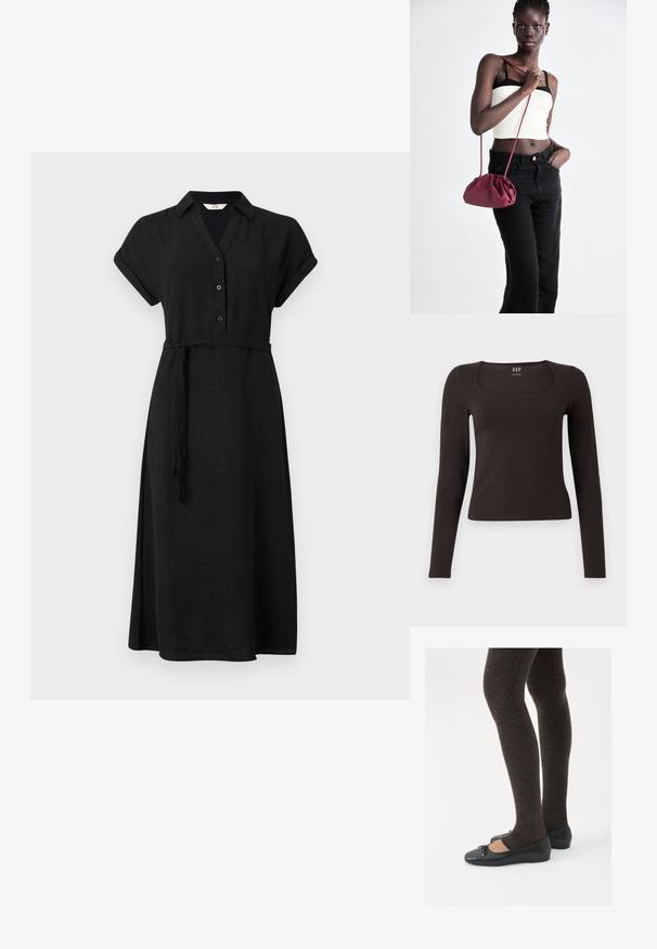 Čierne šaty na gombíky s golierom a krátkymi rolovanými rukávmi, majú skrátený pás s rovnakým opaskom a splývavú sukňu.; Čierny priliehavý top s dlhým rukávom a štvorcovým výstrihom, označený značkou GAP, zobrazený na bielom pozadí.; Čierne ploché topánky s malou mašľou na špičke, v kombinácii s tmavohnedými rebrovanými pančuchami. Topánky majú hladký povrch a nízky profil.; Burgundský mäkký kabelka z textilu s zhromaždeným dizajnom a dlhým popruhom, nosená cez telo. Model má na sebe biely crop top a čierne džínsy.