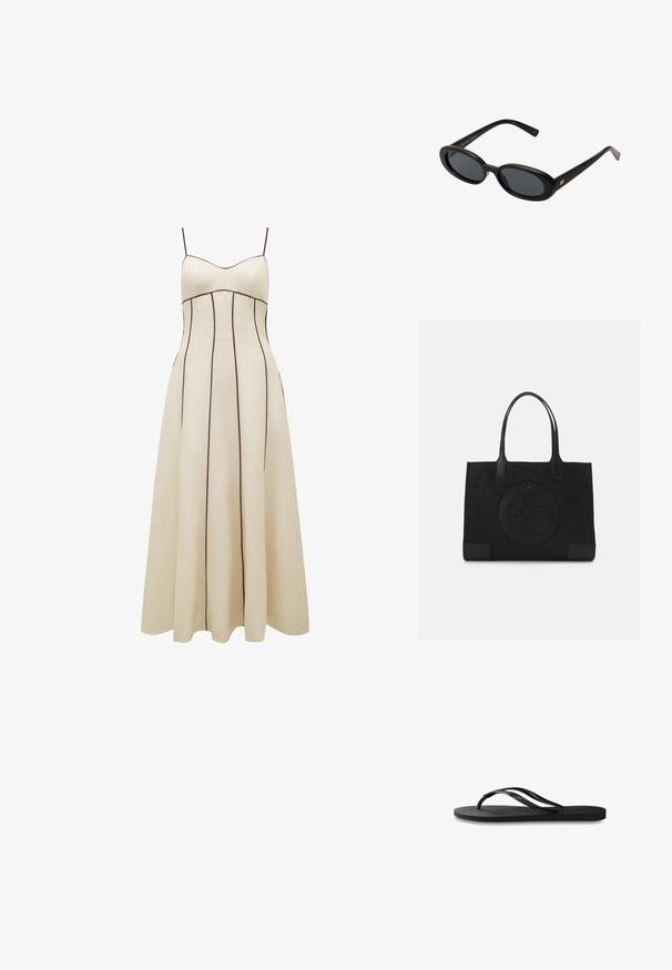 Robe maxi couleur crème avec des bretelles fines, un corsage ajusté et une jupe évasée, présentant des coutures verticales marron en contraste pour le détail.; Tongs noires avec une semelle en caoutchouc texturée, deux fines lanières et un détail de logo embossé subtil sur la lanière.; Lunettes de soleil noires surdimensionnées avec des verres ovoïdes, monture en plastique lisse et accents dorés sur les tempes. Les verres sombres offrent une protection contre le soleil.; Sac fourre-tout noir en tissu, doté d'un logo embouti en design circulaire. Texture lisse avec des accents en cuir contrastés.
