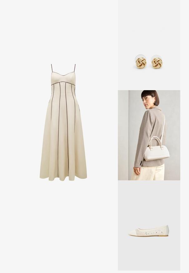 Krémové maxi šaty s tenkými ramienkami, obtiahnutou trupovou časťou a rozšírenou sukňou, s kontrastným hnedým vertikálnym prešívaním pre detail.; Biele ploché topánky s špicatou špičkou z krémovej kože s priehľadným zvrškom posiatym kamienkami. Mäkká podrážka pre pohodlie, minimalistický dizajn.; Biela štruktúrovaná kabelka s krátkymi rúčkami a ramenným popruhom, s zlatými kovovými prvkami a textúrovaným materiálom, vystavená na šedom pozadí.; Náušnice s uzlom v zlatej farbe s prekrúteným dizajnom. Každá náušnica má kruhové priehľadné pozadie pre bezpečné nosenie.