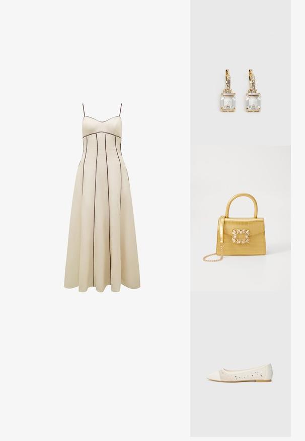 Robe maxi couleur crème avec des bretelles fines, un corsage ajusté et une jupe évasée, présentant des coutures verticales marron en contraste pour le détail.; Mocassins à bout pointu en cuir crème avec un dessus transparent ornés de strass dispersés. Semelle douce pour le confort, design minimaliste.; Sac à main en faux crocodile jaune avec un design structuré, une poignée supérieure, une bandoulière en chaîne amovible, et un ornement cristallin décoratif sur le fermoir.; Boucles d'oreilles en or lumineux avec un cristal rectangulaire transparent pendent sous une rangée de petits accents ronds transparents. Design élégant et moderne.
