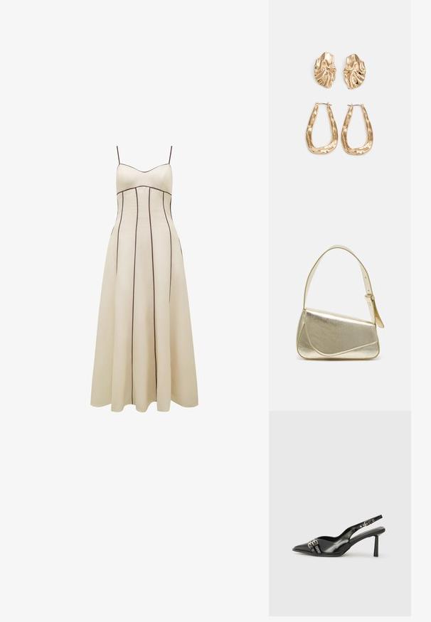 Krémové maxi šaty s tenkými ramínky, přiléhavým korzetem a rozšířenou sukní, zdobené kontrastním hnědým vertikálním prošíváním.; Černá lakovaná slingback obuv s špičatou špičkou, kotníkovými pásky s kovovými sponami a příslušenstvím, a štíhlým podpatkem.; Zlatá metalická kabelka se strukturovaným designem, hladkým povrchem a nastavitelným popruhem. Disponuje unikátním trojúhelníkovým tvarem a minimalistickým prošitím.; Náušnice ve zlatém tónu s texturovanými, vlnitými tvary. Obsahují sochařské klipy a design otevřeného kruhu s kladivkovým povrchem.