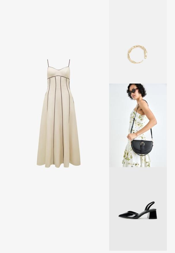 Krémové maxi šaty s tenkými ramienkami, obtiahnutou trupovou časťou a rozšírenou sukňou, s kontrastným hnedým vertikálnym prešívaním pre detail.; Čierne lakované kožené sandálové podpätky s špicatou špičkou a geometrickým blokovým podpätkom. Disponujú elegantným, minimalistickým dizajnom a hladkým povrchom.; Čierna kožená kabelka s zaobleným tvarom, odnímateľným popruhom a zlatými doplnkami. Kabelka má klopu s detailom s prackou.; Prsteň v zlatej farbe s organickým, skrúteným dizajnom, hladkým povrchom a zužujúcimi sa koncami, vytvárajúci moderný, sochársky vzhľad.