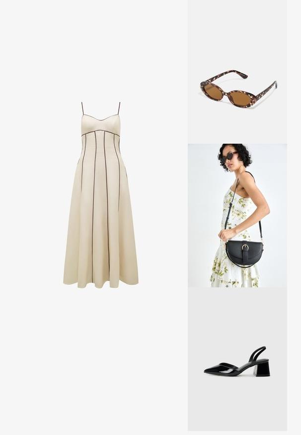 Vestido maxi em cor creme com alças finas, corpete ajustado e saia rodada, apresentando costura vertical em tom de castanho para destaque.; Sandy em verniz preto com salto slingback, ponta afilada e salto geométrico. Apresenta um design elegante e minimalista com textura suave.; Óculos de sol em tartaruga com lentes ovais, com tonalidade castanha, hastes finas com padrão texturizado, estrutura leve em plástico.; Bolsa de couro preta com forma curva, alça destacável e detalhes em dourado. A bolsa possui uma aba com detalhe de fivela.