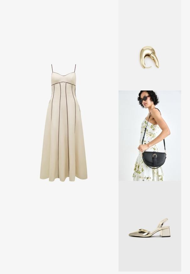 Kremkrāsas maxi kleita ar plānām siksniņām, pieguļošu krūšu daļu un izplestu svārku, ar kontrastējošu brūnu vertikālu šuvi detaļu izcelšanai.; Zeltaini, metāla kurpes ar siksniņām, norakans purngalis un masīla papēdis. Gluda tekstūra, minimālisma dizains un šaura siksna.; Melnas ādas rokassoma ar izliekta formu, noņemamu siksnu un zelta aksesuāriem. Somai ir vāciņš ar sprādzes detaļu.; Zeltīti metāla auskari ar gludu, izliekta dizaina. Ar atšķirīgu smailu formu, pulētu virsmu un eņģu aizdari.