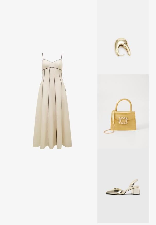 Krema obleka maxi z tankimi naramnicami, oprijetim korzetom in razširjenim krilom, s kontrastnim rjavim vertikalnim šivi za detajl.; Zlati, kovinski slingback čeveljci z ostrim nosom in masivnim peto. Gladka tekstura, minimalistična zasnova in ozka zanka.; Rumeno usnjeno-usnje z vzorcem krokodila, s strukturiranim dizajnom, zgornjo ročajem, snemljivo verižico in dekorativnim kristalnim okrasjem na zaponki.; Uhane nakit iz zlatastega tona z gladko, ukrivljeno zasnovo. Ima edinstveno koničasto obliko, polirano površino in zaponko s tečajem.