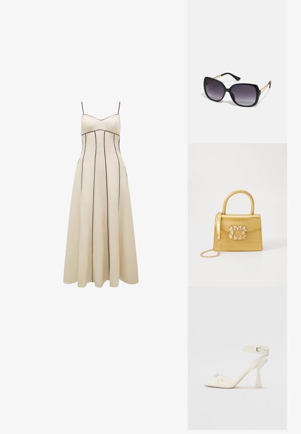 Krém színű maxi ruha vékony pántokkal, testhezálló felsőrésszel és bővülő szoknyával, kontrasztos barna függőleges varrással a részletekért.; Fehér bőr, pántos, magas sarkú szandál, letisztult limezéssel, átlátszó blokk sarkakkal és díszítő elemmel a lábujjaknál.; Fekete, oversize napszemüveg fokozatos árnyalatú lencsékkel, vastag kerettel és arany színű lánc díszítéssel a szárakon.; Sárga műbőr krokodil mintás kézitáska strukturált kialakítással, felső fogantyúval, leválasztható lánccal és díszes kristály díszítéssel a záron.