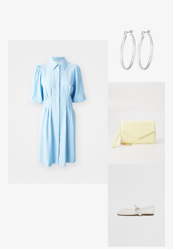 Helles blaues Kleid aus weichem Stoff, mit einem Knopfverschluss vorne, kurzen Puffärmeln und Falten an der Taille für eine figurbetonte Silhouette.; Weiße flache Schuhe mit einer spitzen Zehe, verziert mit silbernen Nieten, verfügen über einen Schnallenriemen über dem Spann und eine hellbraune Sohle.; Gelbe gewebte Clutch-Geldbörse mit Klappen-Design, abnehmbarem Handgelenkriemen und goldener Kettenakzent. Glatte Textur und rechteckige Form.; Silberne Creolen mit einer glatten, polierten Oberfläche. Runder Form und sicherem Klickverschluss. Leichtes Design, geeignet für den täglichen Gebrauch.