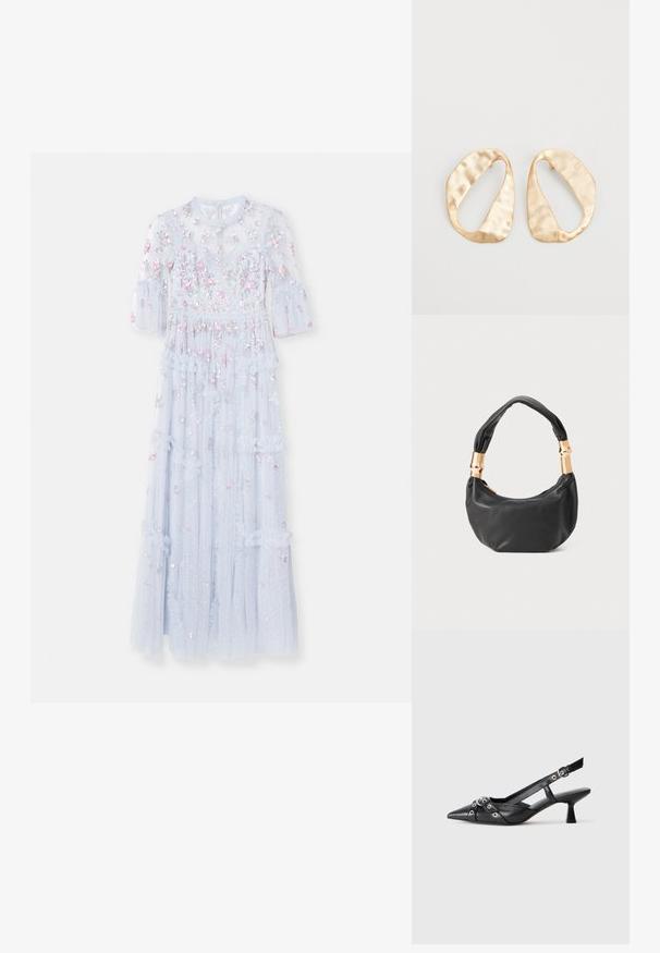 Needle & Thread SHIMMER DITSY LONG SLEEVE GOWN - Occasion wear - cloud; Black leather slingback shoe with a pointed toe, decorative straps featuring metal eyelets, and a low block heel. Textured surface.; Black leather handbag with a round shape, soft texture, and a knotted handle featuring gold-tone hardware accents. Zipper closure.; Pair of irregular oval-shaped gold-toned metal earrings with a textured, slightly hammered surface on a white background.