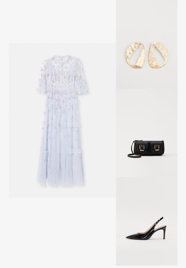 Needle & Thread SHIMMER DITSY LONG SLEEVE GOWN - Abiti per occasioni speciali - cloud; Pumps slingback in pelle verniciata nera con punta affilata, tacco sottile e un design con ritagli delicati. Caratterizzate da una fibbia dorata sul cinturino.; Borsa a tracolla nera in pelle con due tasche frontali, fibbie dorate, chiusura con zip e una tracolla sottile. Superficie texturizzata e forma rettangolare compatta.; Un paio di orecchini in metallo di tonalità dorata, di forma ovale irregolare, con superficie texturizzata e leggermente martellata, su uno sfondo bianco.