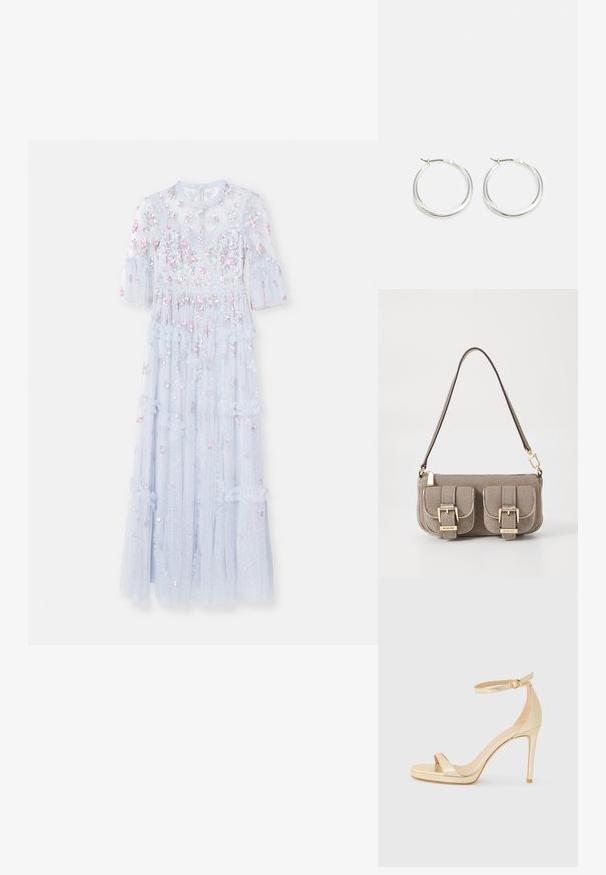 Needle & Thread SHIMMER DITSY LONG SLEEVE GOWN - Occasion wear - cloud; Gold metallic high-heeled sandal with an open toe, ankle strap with a buckle, and a platform sole for added height. Smooth texture.; Beige textured handbag with adjustable strap, two front pockets secured by buckles, and gold hardware accents. Zipper closure at the top.; Silver hoop earrings feature a smooth, rounded design with a thin profile and secure clasp. Minimalistic style with a polished finish.