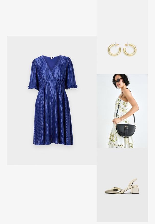 Plava plisirana haljina s V-izrezom i kratkim napućenim rukavima. Izrađena od lagane, sjajne tkanine s naboranim naglascima na rukavima.; Zlatni metalik slingback sandali s šiljatim vrhom i debelim potpeticama. Glatka tekstura, minimalistički dizajn i uski remen.; Crna kožna torba s lukovitim oblikom, odvojivim remenom i zlatnim detaljima. Torba ima preklop s kopčom.; Zlatne kružne naušnice s glatkom, sjajnom završnom obradom. Kružni dizajn s malom potporom i prozirnom podlogom za sigurno nošenje.