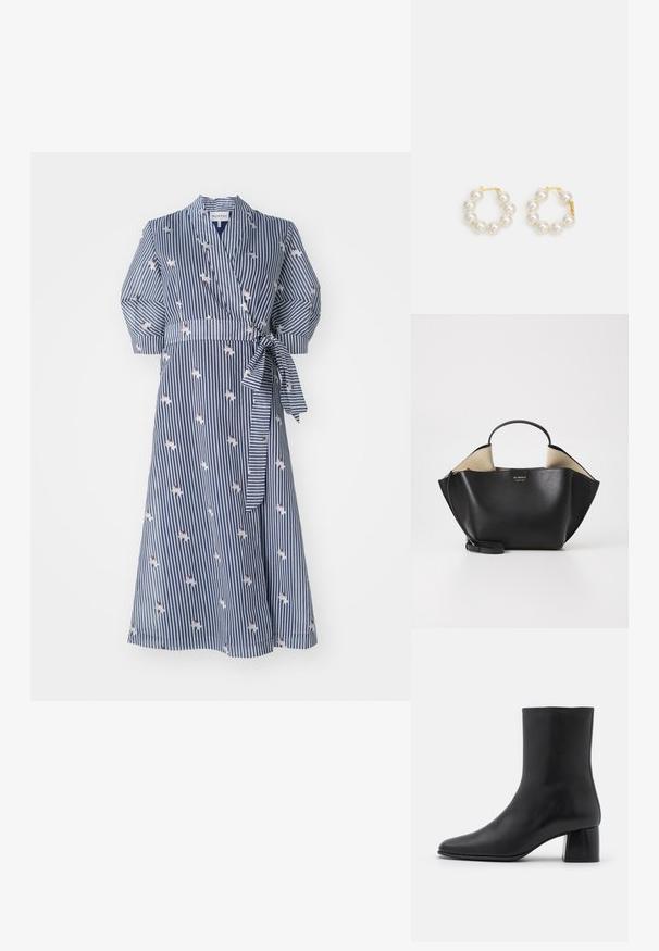 Striped wrap dress in navy blue with floral accents, short puff sleeves, and a belted waist. Made of lightweight fabric.; Black leather ankle boot with a pointed toe and a chunky square heel. Smooth texture with a seamless design and minimalistic stitching.; Ree Projects ANN TOTE MINI - Handbag - black; Pearl hoop earrings featuring a gold-tone metal clasp. The design includes several smooth, white pearls in a circular shape.