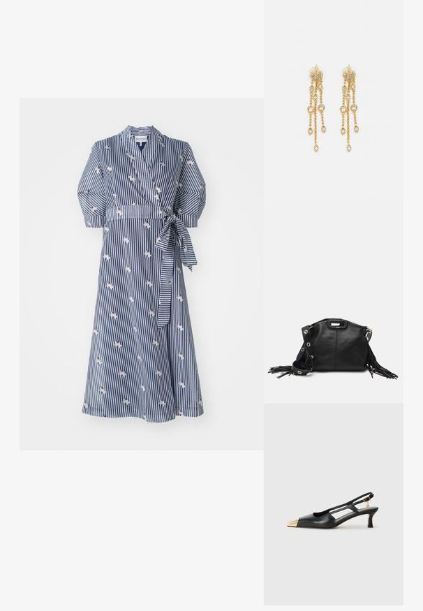 Vestito avvolgente a strisce blu navy con dettagli floreali, maniche a puff corte e vita con cintura. Realizzato in tessuto leggero.; Scarpe slingback in pelle nera con punta affusolata e tacco metallico dorato. Presentano un design con ritagli e un tacco sottile con cinturino regolabile.; Maje MISS MINI - Borsa a tracolla - noir; Orecchini dorati con molteplici catene a cascata, dotati di accenti in strass ovali trasparenti e parte superiore decorativa a perno.
