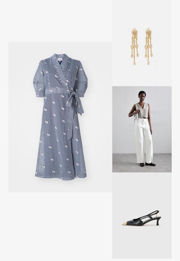 Csíkos, sötétkék, virágmintás mellényruha rövid puffu ujjal és övvel a deréknál. Könnyű anyagból készült.; Fekete bőr slingback cipő hegyes orral és arany fémes orrbetéttel. Kivágott designnal és vékony sarokkal rendelkezik, állítható pánttal.; Szürke, gombos cropped mellény, fehér, széles szárú farmernadrággal és fekete lapossarkú cipővel párosítva. Kiegészítve egy kis ezüst francia táskával.; Aranyszínű fülbevalók, több zuhanó lánccal, tiszta ovális strasszköves díszítéssel és dekoratív fülbevaló tetejével.