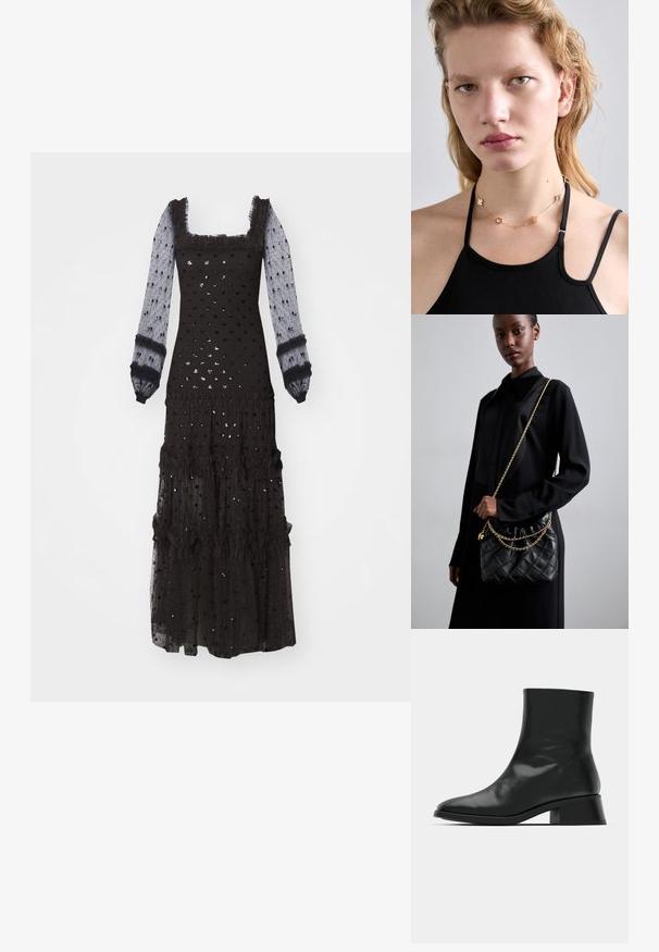 Juoda maksi suknelė su ilgomis permatomomis rankovėmis, kvadratine iškirpte, raukšlėtais akcentais, tekstūruotu taškiniu raštu ir sluoksniuotais volanais.; Juodi kulkšneliai, pagaminti iš blizgaus odos, pasižymintys elegantišku dizainu, smailiu noseliu ir vidutiniu blokuotu kulnu, užtikrinančiu stabilumą.; Juodas susegamas odinis rankinukas su susiraukšlėjusia viršuje, auksine grandine ir stačiakampiu pavidalu, laikomas prieš paprastą foną.; Auksinė grandinėlė su dekoratyviniais metaliniais gėlių formos akcentais, dėvima ant juodo topelio, pabrėžianti jos dizainą ir tekstūrą.