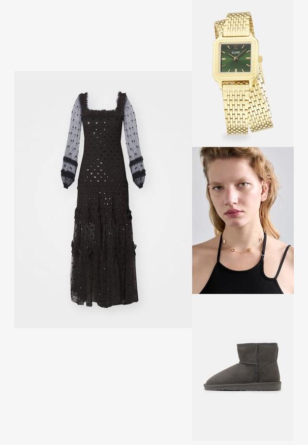 Must välja maxi kleit, millel on pikad läbipaistvad varrukad, ruudukujuline kaelus, volangakujulised detailid, tekstureeritud täppide muster ja kihiline volangide viimistlus.; Halloo nahkasaapad ümarate varvaste ja pehme sisetallaga. Omab lame kummist tallat ja minimaalseid õmblusdetailide.; Kuldne ruut käekell rohelise gradienttsükliga, kuldsete tundide näidikutega ja võrkpandlaga. Kaubamärgi nimi "CLUSE" on näidiku peal.; Kuldne kettkaelakee, millel on dekoratiivsed metallist lillekujud ja aktsendid, kantud musta topi kohal, rõhutades selle disaini ja tekstuuri.