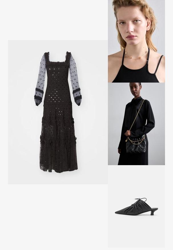 Sort maxikjole med lange gennemsigtige ærmer, firkantet halsudskæring, rynkede detaljer, struktureret prikket mønster og lagdelt frynse-detaljering.; Sorte læder slip-on mules med spids tå, samlet tekstur og en lille kitten heel. Har en snor-detalje ved åbningen.; Sort quiltet læderhåndtaske med en samlet top, guldkæde-rem og rektangulær form, holdt mod en ensfarvet baggrund.; Guldkæde med dekorative metalblomster og accenter, båret over en sort tanktop, der fremhæver dets design og struktur.