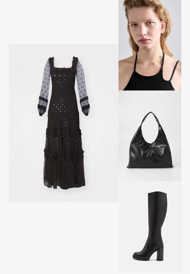 Melnā maksi kleita ar garām caurspīdīgām piedurknēm, kvadrātveida kakla izgriezumu, ruļļveida akcentiem, teksturētu punktiņu rakstu un slāņainu frill apdari.; Melnas kāju augstuma zābaki, izgatavoti no gludas materiāla, ar masīvu blokveida papēdi, noapaļotu purngalu un smalkiem šuvju detalizējumiem.; Melnas ādas hobo soma ar gludu, spīdīgu tekstūru, piedāvā plašu, izliekta formas rokturi un nepamanāmu priekšējo krokas ar metāla spiedpogām.; Zelta ķēdes kaklarota ar dekoratīvām metāla ziedu formām un akcentiem, valkāta virs melna topa, izceļot tās dizainu un tekstūru.