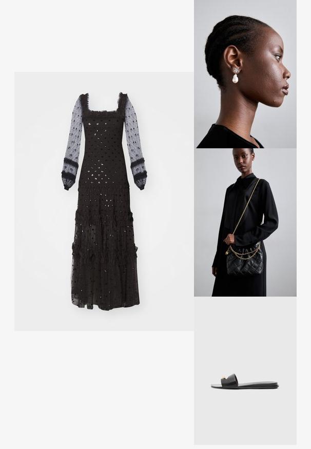 Abito maxi nero con lunghe maniche trasparenti, scollatura quadrata, dettagli arricciati, motivo a pois texturizzati e dettagli a balze sovrapposte.; Infradito neri con una parte superiore ampia, texture in pelle liscia, design con punta aperta e dettaglio in oro sulla cinghia. Suola piatta.; Borsa a tracolla in pelle nera trapuntata con apertura arricciata, tracolla in catena dorata e forma rettangolare, appoggiata su uno sfondo semplice.; Tory Burch STAR DROP EARRING - Orecchini - silver-coloured