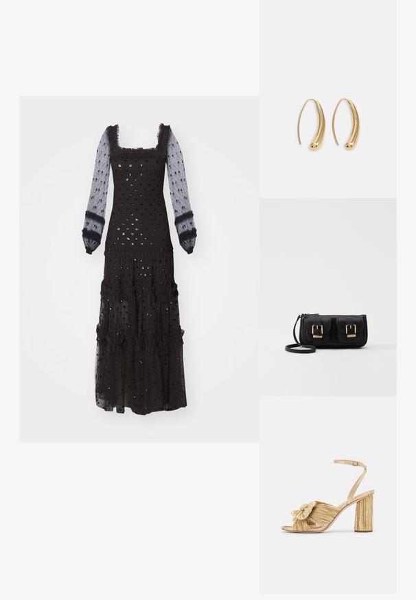 Abito maxi nero con lunghe maniche trasparenti, scollatura quadrata, dettagli arricciati, motivo a pois texturizzati e dettagli a balze sovrapposte.; Sandali con tacco dorato, con un davanti annodato, texture plissettata e cinturino alla caviglia. Il tacco a blocco ha un design rigato che migliora la presa.; Borsa a tracolla nera in pelle con due tasche frontali, fibbie dorate, chiusura con zip e una tracolla sottile. Superficie texturizzata e forma rettangolare compatta.; Orecchini a cerchio in metallo color oro con forma curva ed allungata. Presentano una superficie liscia e lucida e una punta arrotondata per un tocco di dettaglio in più.