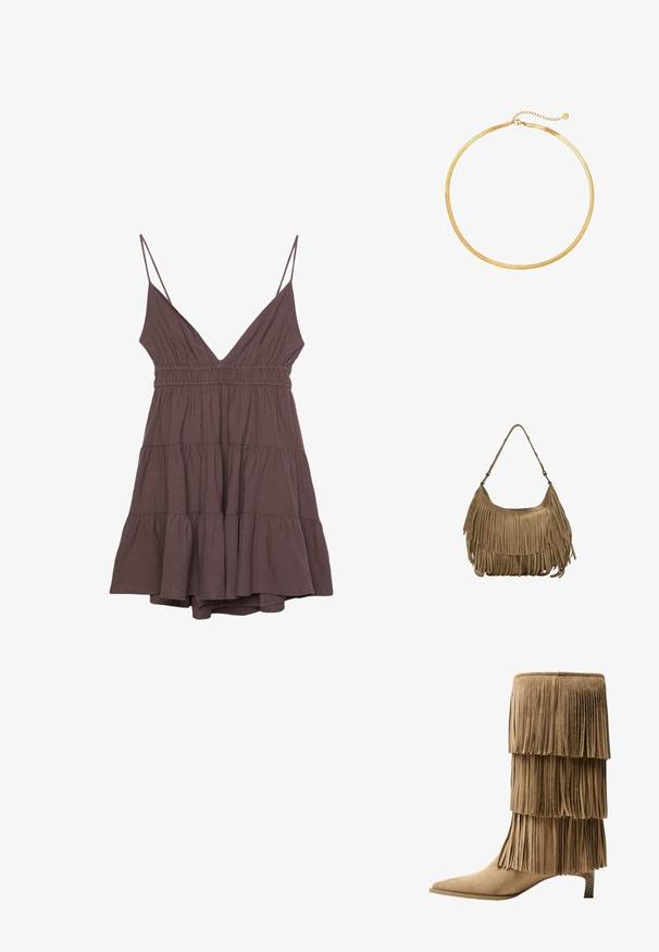 Braunes, ärmelloses Kleid mit tiefem V-Ausschnitt, elastischem Bund und geschichtetem Rüschensaum. Hergestellt aus leichtem Stoff mit weicher Textur.; Fransen-Stiefelette aus taupefarbenem Wildleder mit drei Lagen Fransen. Spitz zulaufende Zehenpartie und ein niedriger Blockabsatz. Durchgehend glatte Oberfläche.; Braune Wildleder-Handtasche mit langen Fransen, einer geschwungenen Form und einem einzelnen Schultergurt. Verfügt über eine glatte, strukturierte Oberfläche.; Goldmesh-Choker-Halskette mit flachem, flexiblem Design. Verfügt über eine Kettenverlängerung für anpassbare Länge. Glatte Textur, minimalistischer Look.