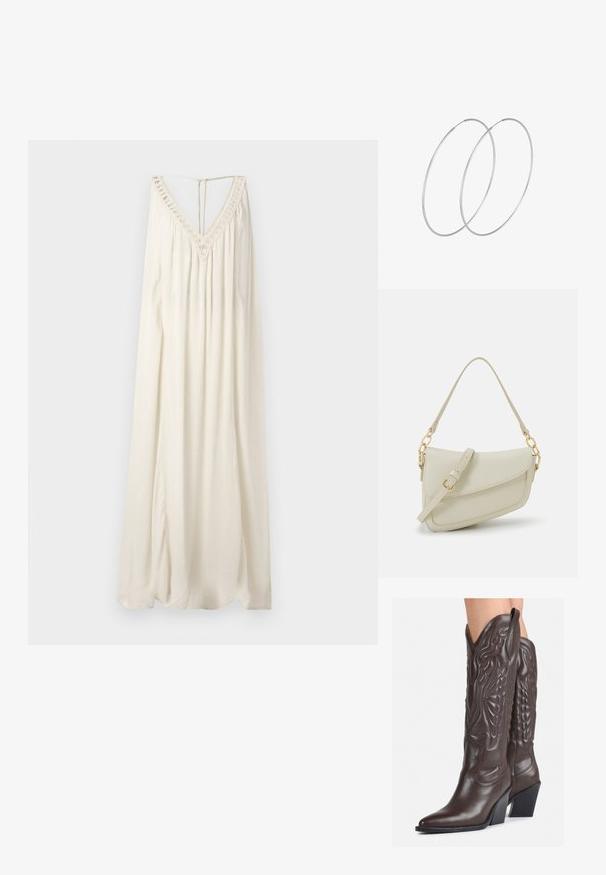 Pikk, ilma käisteta kleit kreemjas valges kangas. Omab sügavat V-kaelust, millel on pitsist äär. Voolav disain, millel on peen tekstuur.; Pruunid nahast cowboy saapad terava varbaga ja plokk-kandaga, millel on detailne tikand ja kergelt tõstetud aktsendid varrel.; Väike kreemjas käekott tekstureeritud viimistlusega, pikendatav rihm, ketiläbimõõt ja klapiga sulgemine. Kuldsed metalldetailid.; Hõbedased rõngastikkaehingad minimalistlikus disainis. Ümar kuju, sile tekstuur ja õhuke profiil. Kerged ning poleeritud viimistlusega.