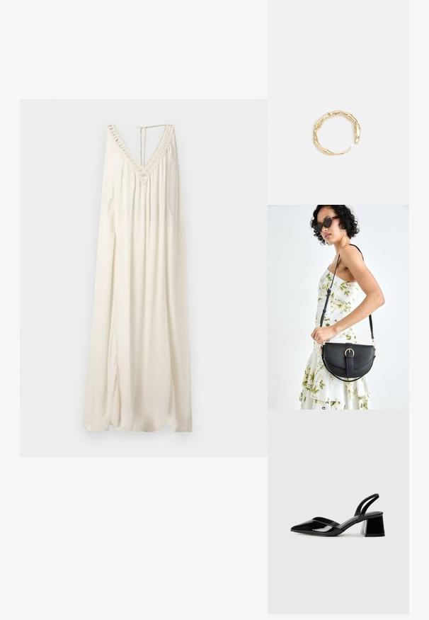 Langes, ärmelloses Kleid aus elfenbeinfarbenem Stoff. Verfügt über einen tiefen V-Ausschnitt mit Spitzenbesatz und einen Schlüsselaugen-Rücken. Fließendes Design mit subtiler Textur.; Schwarze Lackleder-Slingback-High Heels mit spitzem Schuh und einem geometrischen Blockabsatz. Verfügt über ein schlankes, minimalistisches Design und eine glatte Textur.; Schwarze Lederhandtasche mit geschwungener Form, abnehmbarem Tragegurt und goldenen Beschlägen. Die Tasche verfügt über einen Deckel mit einer Schnallen-Details.; Goldfarbener Ring mit einem organischen, gedrehten Design, glatter Oberfläche und sich verjüngenden Enden, was ein modernes, skulpturales Erscheinungsbild erzeugt.