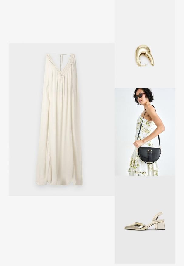 Dolga brezrokavna obleka iz off-white blaga. Ima globok V-izrez s čipkastim robom in odprtino na hrbtni strani. Tokratna zasnova z rahlo teksturo.; Zlati, kovinski slingback čeveljci z ostrim nosom in masivnim peto. Gladka tekstura, minimalistična zasnova in ozka zanka.; Črna usnjena torbica s ukrivljeno obliko, z odstranljivo naramnico in zlatimi dodatki. Torbica ima pokrov s podrobnostmi v obliki zaponke.; Uhane nakit iz zlatastega tona z gladko, ukrivljeno zasnovo. Ima edinstveno koničasto obliko, polirano površino in zaponko s tečajem.