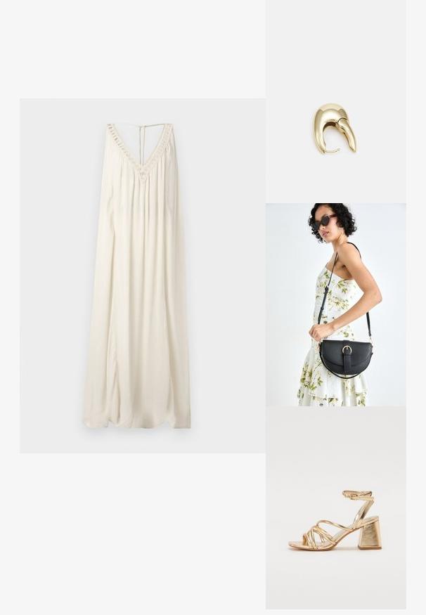 Dlhé, bezrukávové šaty z off-white látky. Majú hlboký V-výstrih s čipkovaným detailom a otvorením na chrbte. Prúdiaci dizajn s jemnou textúrou.; Zlaté metalické sandále na podpätku so strappy dizajnom, štvorcovým blokovým podpätkom a nastaviteľným členkovým remienkom so sponou. Hladká textura.; Čierna kožená kabelka s zaobleným tvarom, odnímateľným popruhom a zlatými doplnkami. Kabelka má klopu s detailom s prackou.; Náušnice z kovu v zlatej farbe s elegantným, zakriveným dizajnom. Majú charakteristický špicatý tvar, leštený povrch a uzáver na pánt.