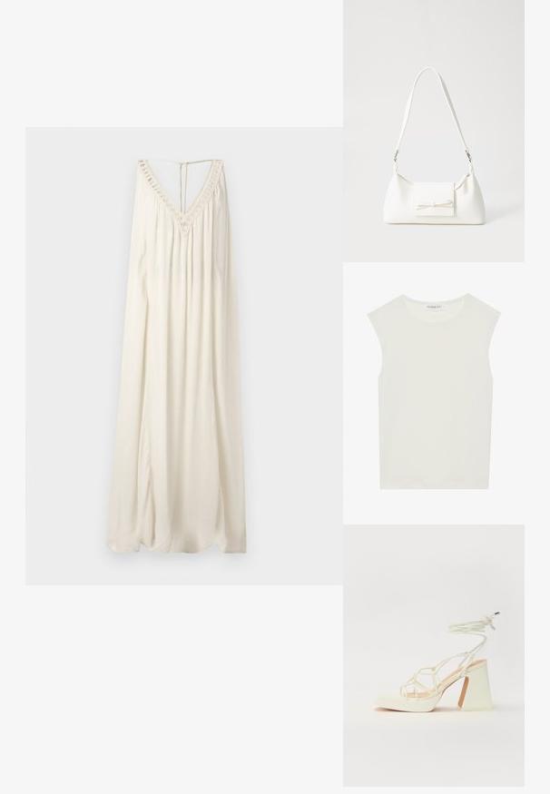 Hosszú, ujjatlan ruha off-white színű anyagból. Mély V-nyakkivágása csipkés díszítéssel rendelkezik, hátsó részén kulcslyuk nyílással. Légies fazon finom textúrával.; Fehér ujjatlan felső, kerek nyakkivágással. Simább anyagból készült, laza fazonnal és minimalista kialakítással rendelkezik. Nincsenek minták vagy díszítések.; Fehér, magassarkú szandál vastag sarokkal, pántos dizájnnal és bokapánttal. Sima textúra, elülső platformmal a megnövelt magasság érdekében.; Fehér szintetikus kézitáska, háromszög alakú, lapos előlap, masni részlettel, állítható pánttal, sima textúrával és minimalista dizájnnal.
