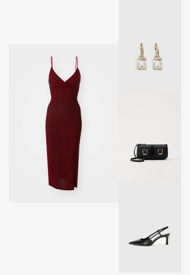 WAL G. EXCLUSIVE NYE GLITTER ARGENTINE MIDI - Koktajl obleka/za zabavo - wine; Črne lakaste slingback pete s koničastim nosom, ki imajo teksturiran vzorec kačje kože, nastavljiv trak in kratek teksturiran blok peto.; Črna usnjena torbica čez ramo z dvema sprednjima žepoma, zlatimi zaponkami, zadrgo in ozkim pasom. Tekstura površine je strukturirana, obliko pa ima kompaktno pravokotno.; Zlato obarvani uhani, ki vsebujejo pravokoten, prozoren kristal, obešen pod vrsto majhnih, okroglih prozornih dodatkov. Elegantna, moderna zasnova.