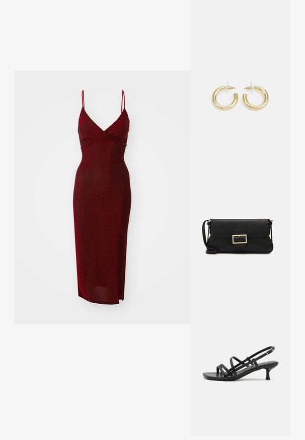 WAL G. EXCLUSIVE NYE GLITTER ARGENTINE MIDI - Koktailové šaty/večierkové šaty - wine; Čierne sandále na podpätku s viacerými prekríženými remienkami. Hladký materiál, špicatá špička a úzky podpätok. Nastaviteľný remienok okolo členka s prackou.; Čierna kožená clutch taška s klopou a zlatým kovovým detailom s prackou. Obsahuje čierny remienok a elegantný, minimalistický dizajn.; Zlaté kruhové náušnice s hladkým, lesklým povrchom. Cirkulárny dizajn s malým steblom a jasným záznamom pre bezpečné nosenie.