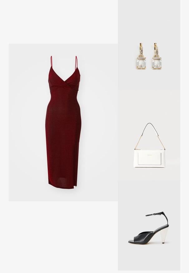 WAL G. EXCLUSIVE NYE GLITTER ARGENTINE MIDI - Vestido de cocktail / Vestido de festa - wine; Sandal de salto alto em couro preto com bico aberto, design assimétrico, tira no tornozelo e um salto metálico em forma de cone. Textura suave por toda a parte.; Bolsa de mão branca em couro com acabamento texturizado, featuring a corrente dourada e detalhes pretos. Inclui um bolso frontal e fecho com zipper.; Brincos em tom de ouro com um cristal retangular claro pendurado abaixo de uma linha de pequenos acentos redondos claros. Design elegante e moderno.