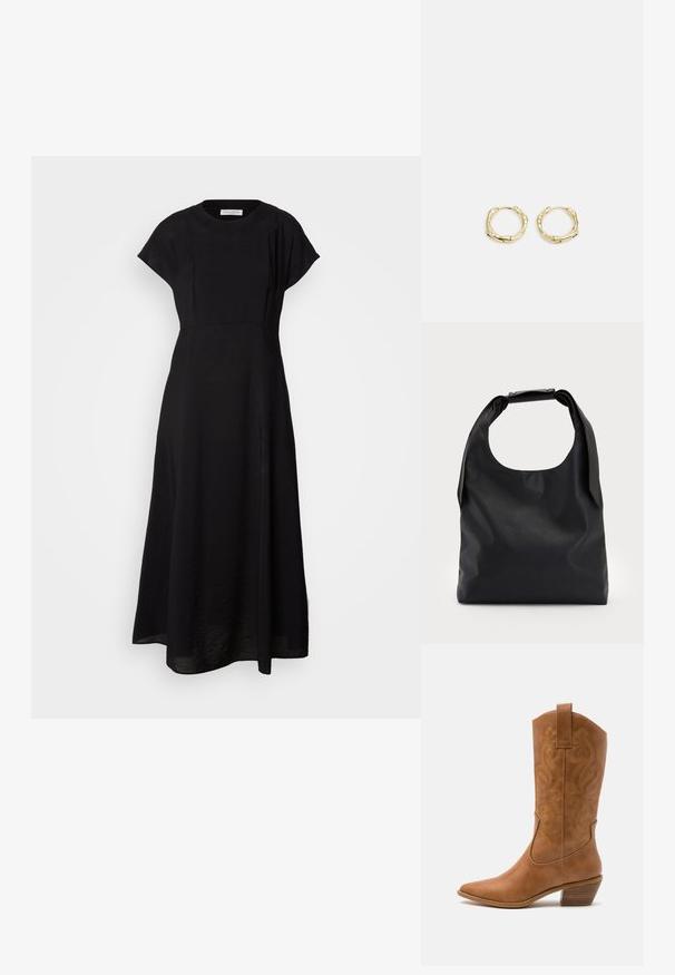 Svart maxiklänning med rund halsringning, korta cap sleeves och en avslappnad passform. Tyget verkar texturerat med en subtil lyster och detaljer med slits på sidan.; Bruna lädercowboystövlar med spetsig tå, broderade virvelmönster på skaftet och en staplad blockklack. Har en dragflik för enkel påtagning.; Svart läderhandväska med en stor öppen topp och en enkel axelrem. Mjuk textur, minimalistisk design, med subtila metallaccenter.; Guldörhängen i form av ringar med en texturerad, oregelbunden form. Har en sömlös stängning och en polerad yta som betonar en modern design.