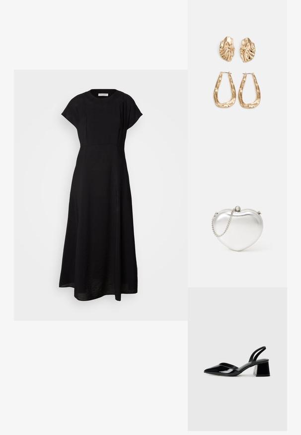 Vestido maxi preto com decote redondo, mangas curtas em forma de cap e um ajuste solto. O tecido parece texturizado com um brilho sutil e detalhe de fenda lateral.; Sandy em verniz preto com salto slingback, ponta afilada e salto geométrico. Apresenta um design elegante e minimalista com textura suave.; Bolsa de mão metálica prateada em forma de coração, com textura lisa, fecho por pressão e corrente prateada.; Brincos em tom de ouro com formas onduladas e texturizadas. Inclui studs escultóricos com presilha e um design de argola aberta com um acabamento martelado.