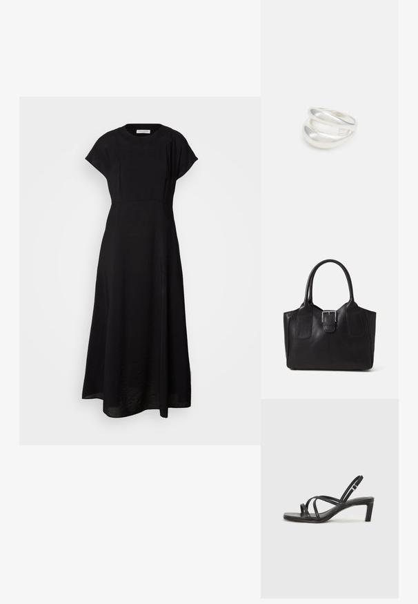 Mustapitu maxi-mekko, jossa on pyöreä kaula-aukko, lyhyet hihansuut ja rento istuvuus. Kangas vaikuttaa tekstuuriltaan ja siinä on hienovarainen kiilto sekä sivuhalkiot.; Mustat hihnalligat, joissa on neliön muotoinen kärki ja matala lohkokorko. Ominaisuuksiin kuuluu useita ohuita hihnoja ja säädettävä nilkkahihna. Valmistettu sileästä nahasta.; Musta nahkainen olkalaukku, jossa on sileä pinta, ryhdikäs muoto, kaksi kahvaa ja silmienpistävä hopeinen solkiyksityiskohta edessä.; Hopeinen kaksinkertainen rengas, jossa on sileä, kiillotettu pinta. Siinä on sulava, kaareva muotoilu, jossa on päällekkäisiä osia modernin ilmeen saavuttamiseksi.