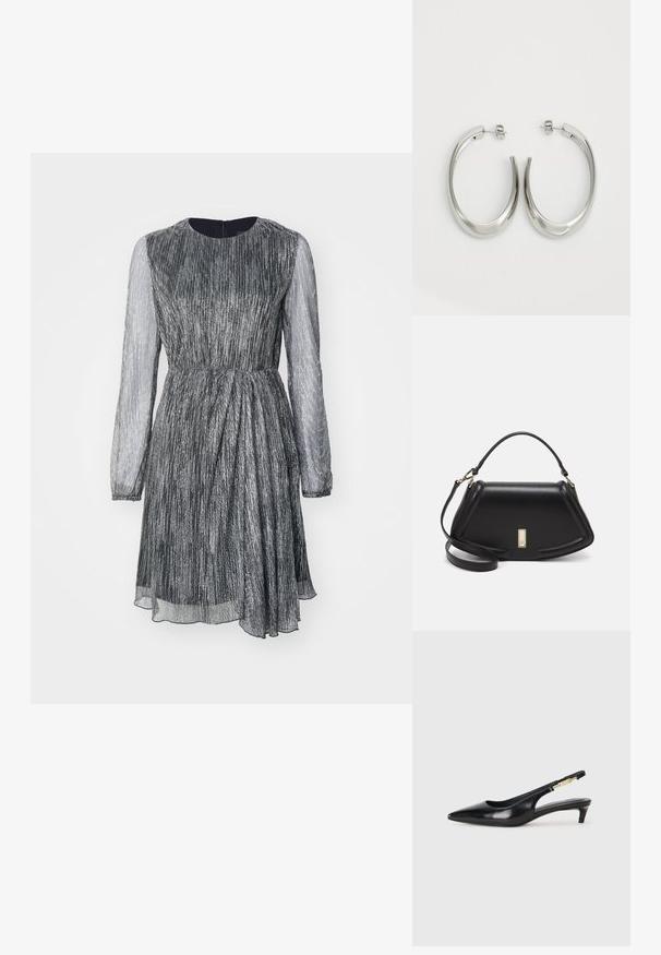 Trumpas rankovės suknelė su prisitaikančiu liemeniu, platėjančiu dizainu, metalinio sidabro spalvos audiniu ir permatomomis ilgomis rankovėmis, turinti apvalų iškirpimą ir užtrauktuką nugaroje.; Juodas odinis pavasario batelių modelis su smailiu nosiu, turintis siaurą kulniuką ir auksinės spalvos akcentu reguliuojamoje juostoje. Lygi tekstūra.; Juoda odinė rankinė su struktūrizuotu dizainu, turi trumpą formą, viršutinę rankeną ir auksinius akcentus. Pridėtas reguliuojamas peties diržas.; Sidabriniai apvalūs auskarai su lygiu, išlenktu dizainu. Yra blizgus metalinis paviršius ir smeigtukų uždarymas. Nėra matomų raštų ar akcentų.